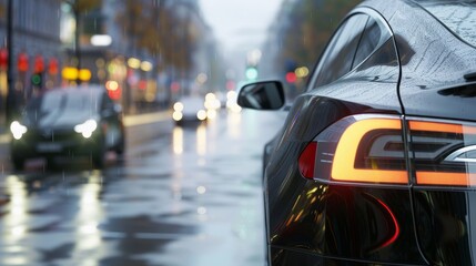 Fototapeta premium Rain-Speckled Car Tail Lights in Neon-Lit City