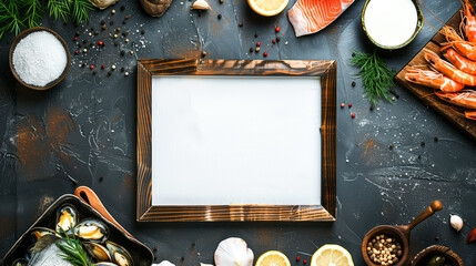 Sea foods background with white board in the middle, - obrazy, fototapety, plakaty