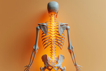Human skeleton, backache, lumbar and cervical spine hernia, neck pain, spondylosis of the intervertebral disc, health problems concept, yellow background - 747161622