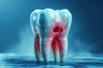 Molar tooth with caries on a blue background, toothache, dental pain, dentistry concept - 747161645