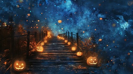 Halloween Pathway: Jack-o'-Lanterns Under Starry Sky Collage

