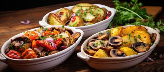 Three white dishes are displayed with an assortment of food, including baked potatoes, earthy mushrooms, and colorful vegetables, appealing to potato lovers with a variety of flavors and textures.