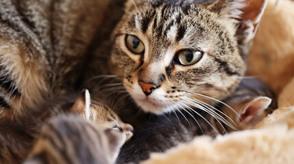 Naklejka na ściany i meble Cat nursing her little kittens closeup up