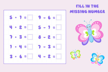 Mathematical educational game for children. Complete the series and fill in the missing numbers. Solve the equation.Educational cards for children.Addition and subtraction up to 10.Vector illustration