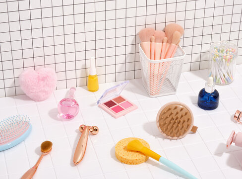 Beauty products and spa treatment. Make up supplies and wellness center.