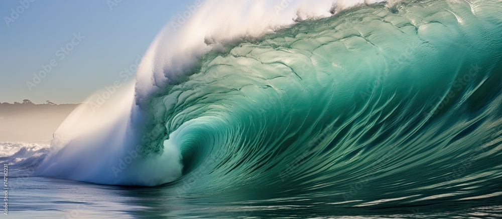 Poster a large wave is crashing in the ocean, creating a dramatic scene with white foam and spray. the wave