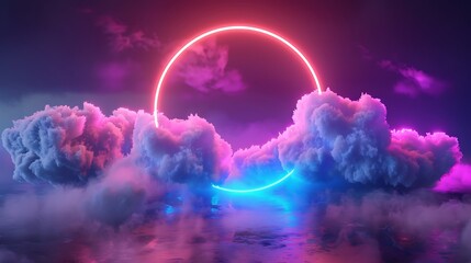 The effect of glowing clouds in the ring with colored neon light. Generative Ai