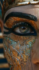Macro Shot of Egyptian Sarcophagus with Hieroglyphs and Traditional Eye Makeup