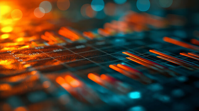 Many charts and graphs. Reflection light and flare. Concept image of data gathering and statistical working.