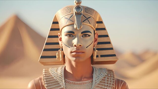 Close-up portrait of an Egyptian pharaoh in royal attire and his entourage. Ancient Egypt concept. Ai-generated.