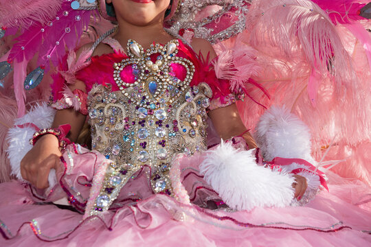 Beautiful little girl in princess dress, girl wearing princess costume. Kid participating in the children's carnival parade
