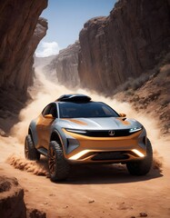Amidst towering canyon walls, a high-tech SUV in luminous orange forges its path, leaving a trail of dust. The vehicle's design melds with the rugged terrain, reflecting the fusion of power and nature