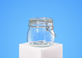 Empty glassware for food storage. Cutlery and various dishes.