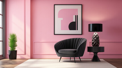 Chic Modern Decor with Black Shell Chair and Minimalist Art on Pink Paneled Wall
