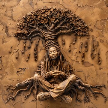 Sculpture of a Woman With Dreadlocks Sitting Under a Tree