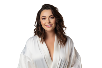 beautiful woman and chubby wearing a bathrobe isolated on transparent and white background.PNG image.	