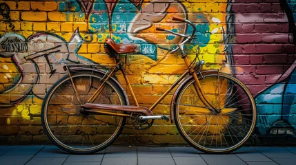 Papier Peint photo Lavable Vélo a vintage bicycle leaning casually against a vibrant brick wall adorned with colorful street art