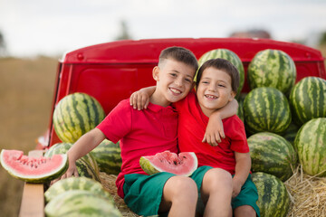 Two kids brothers sitting in the back of a red pickup truck with watermelons and  eat watermelon.  summer time in nature in the village