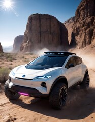 Fototapeta na wymiar An autonomous electric SUV traverses a desert road between towering rock formations, basking in the brilliance of the morning sun. Its cutting-edge design promises a new era of eco-friendly