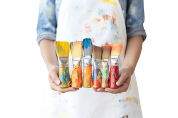 Woman painter hands holding set of paintbrushes and oil paints isolated on transparent and white background.PNG image.
