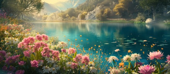 Tranquil Reflections: A Serene Lake Surrounded by Lush Greenery and Colorful Blooms