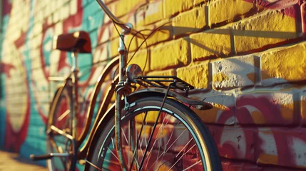 Papier Peint photo autocollant Vélo a vintage bicycle leaning casually against a vibrant brick wall adorned with colorful street art