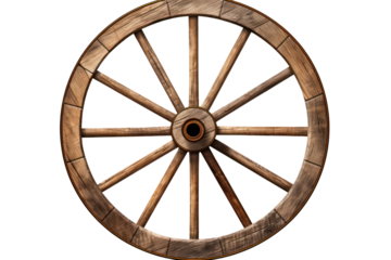 Wooden wagon wheel isolated on transparent and white background.PNG image.	
