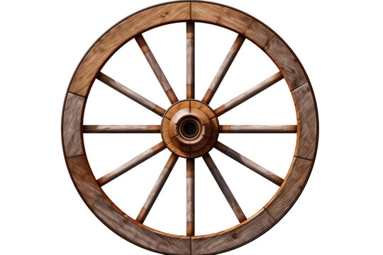 Wooden wagon wheel isolated on transparent and white background.PNG image.	