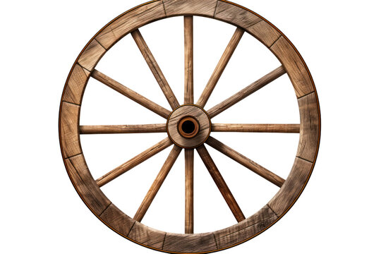 Wooden wagon wheel isolated on transparent and white background.PNG image.	