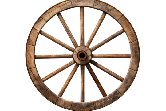 Wooden wagon wheel isolated on transparent and white background.PNG image.	