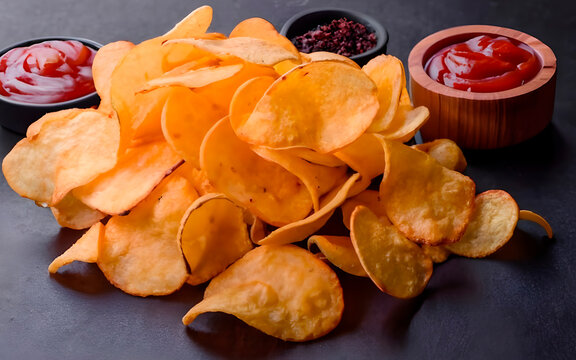 fried potato chips on black background