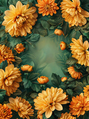 Floral background with orange flowers and leaves on a green background. AI generated.