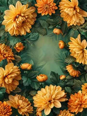 Fotobehang Floral background with orange flowers and leaves on a green background. AI generated. © k_e_n