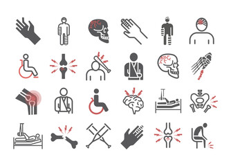 Injury icons set. Bone fractures symbols. Infographic. Vector signs for web graphics.