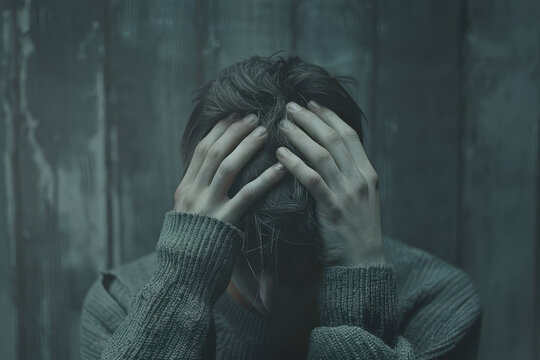 Depressed man hiding his face behind hands. Generative AI