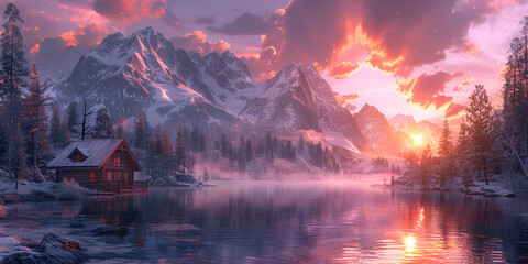 Mountain sunset sunset landscape winter forest snow background.AI Generative