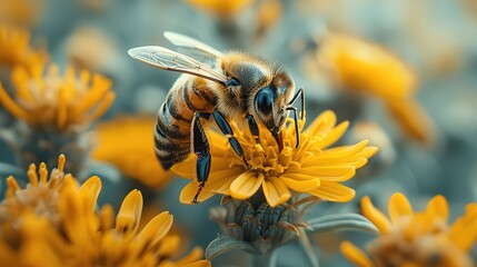 Bee on a flower, macro photography - obrazy, fototapety, plakaty
