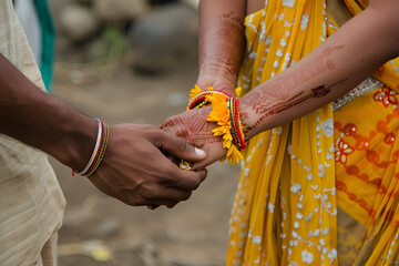 Wedding ritual of putting the ring on the finger in india - obrazy, fototapety, plakaty