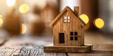 Closeup wooden house icon with blur copy space background, residential real estate 