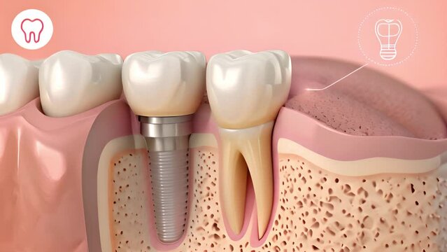Closeup white tooth and gum with Dental implant , Human Teeth for Medical Concept, 4k video. Dental teeth implant healthy teeth and tooth human dentura close up
