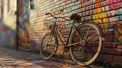 a vintage bicycle leaning casually against a vibrant brick wall adorned with colorful street art