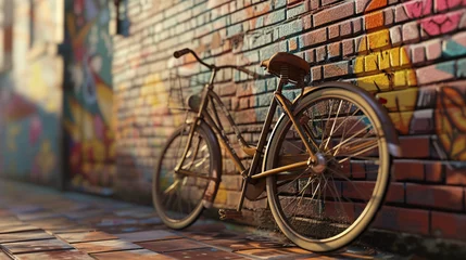 Tuinposter Fiets a vintage bicycle leaning casually against a vibrant brick wall adorned with colorful street art
