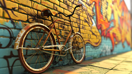 a vintage bicycle leaning casually against a vibrant brick wall adorned with colorful street art - Powered by Adobe