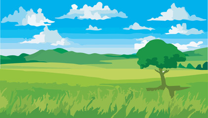Vector illustration of a panorama of spring summer beautiful nature, green grasslands meadow 