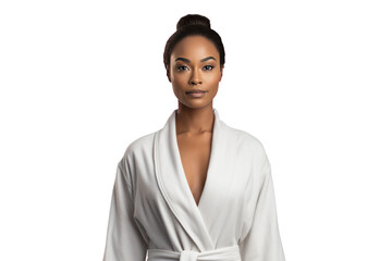 African american woman wearing bathrobe isolated on transparent and white background.PNG image.