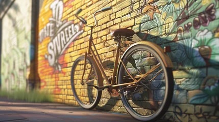 Fotobehang a vintage bicycle leaning casually against a vibrant brick wall adorned with colorful street art © boti1985