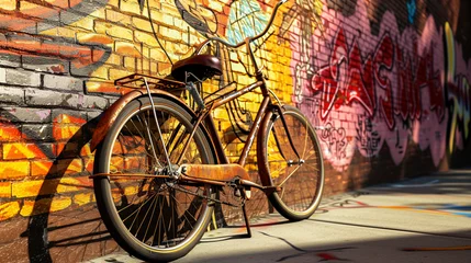 Foto auf Acrylglas a vintage bicycle leaning casually against a vibrant brick wall adorned with colorful street art © boti1985
