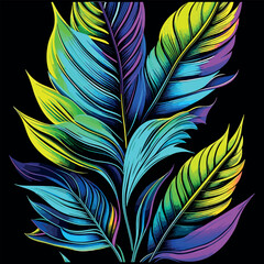 Pastel colorful banana leaves, palm. Hand-drawn vintage 3D illustration. Dark glamorous background design. Generative AI