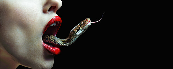 Snake coming out of the mouth of a woman. Hate speech, verbal abuse and blasphemy concept.