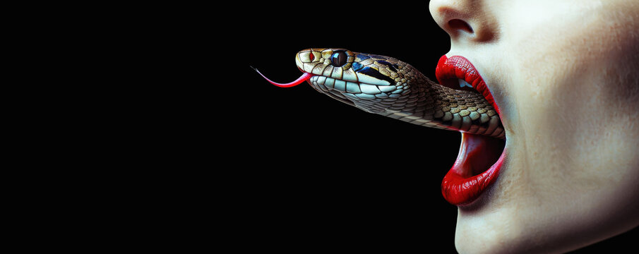 Snake coming out of the mouth of a woman. Hate speech, verbal abuse and blasphemy concept.